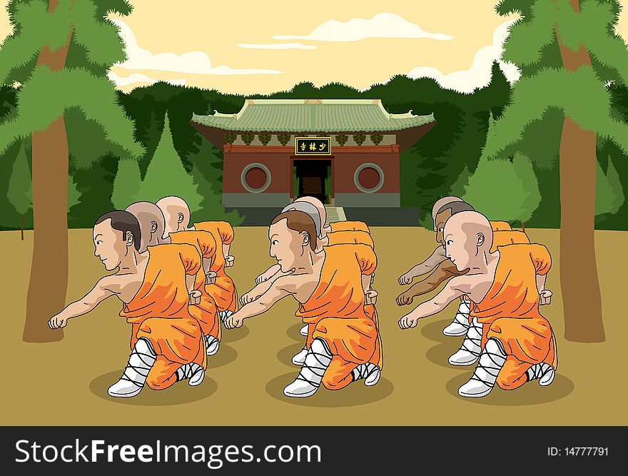 Shaolin kung fu practice scene. Shaolin kung fu practice scene