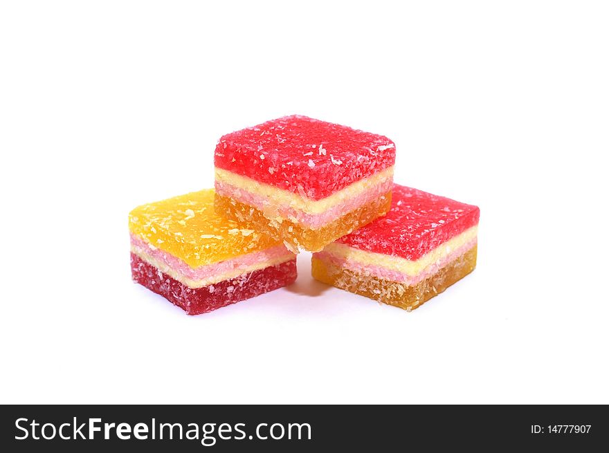 Photo of the fruit jellies on white background