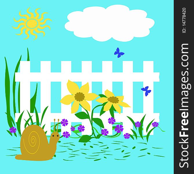 Flower garden fence and brown snail illustration. Flower garden fence and brown snail illustration
