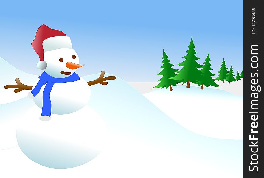 Image of snowman with scarf and santa's hat