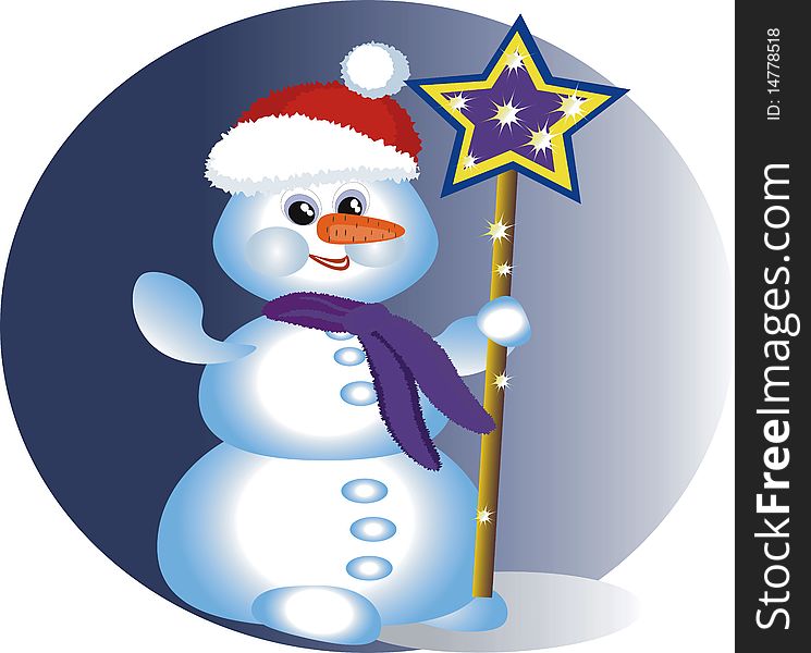 Funny Snowman with magic broom in the circle.