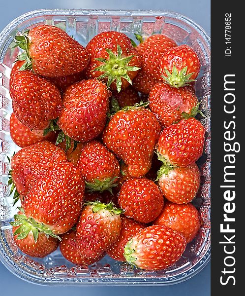 Plastic bowl filled with fresh wet red strawberries