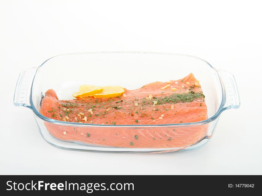 Salmon in plate isolated on white background