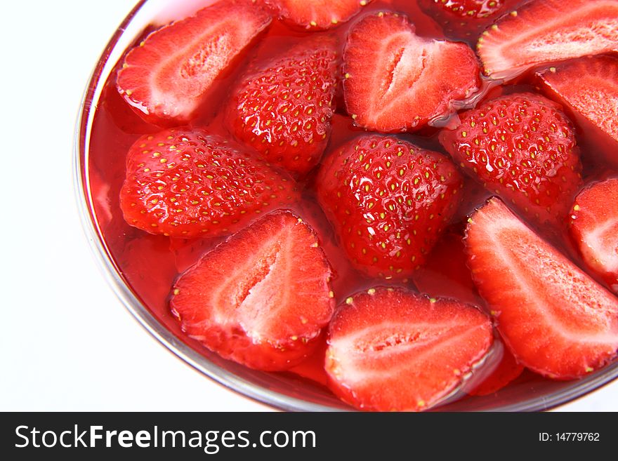 Jelly with strawberries in close up