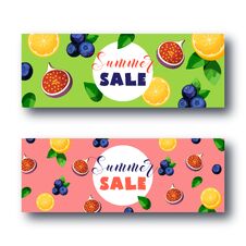 Summer Sale Banner Set With Bright Colorful Fruits On Gree And Pink Background. Stock Photo