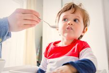 Free Mother Feeds A Little Toddler Boy With A Spoon During Lunch Stock Image - 147719201