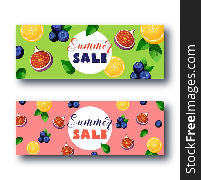 Summer Sale Banner Set With Bright Colorful Fruits On Gree And Pink Background.