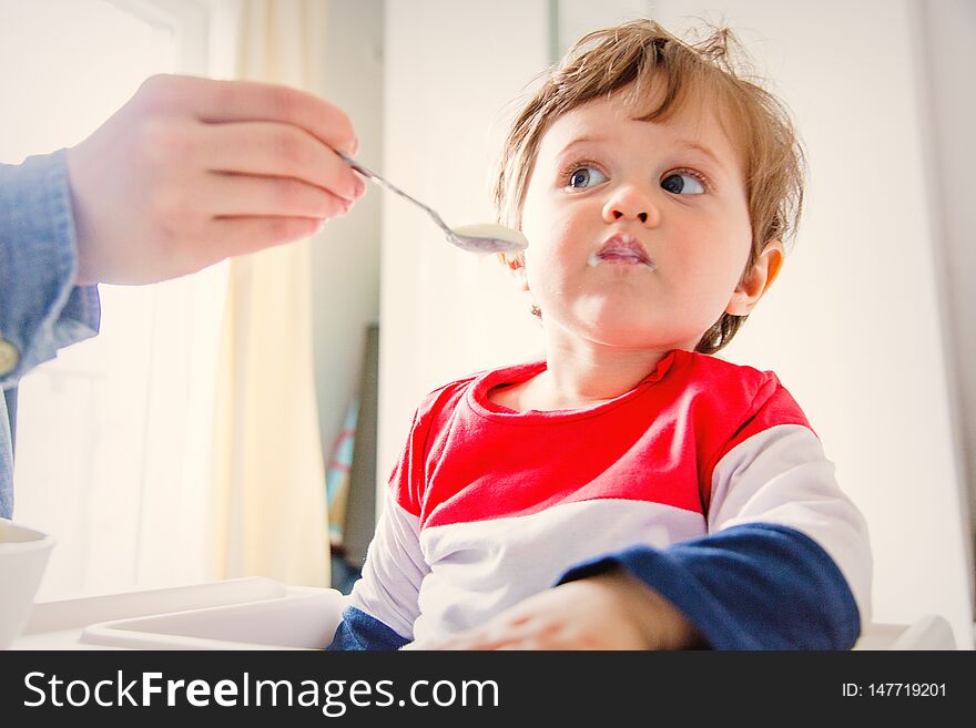 Mother Feeds A Little Toddler Boy With A Spoon During Lunch