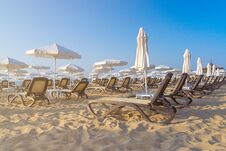 Free Chairs And Umbrellas On A Beautiful Beach At Sunrise In Sunny Beach On The Black Sea Coast Of Bulgaria Stock Images - 147731234