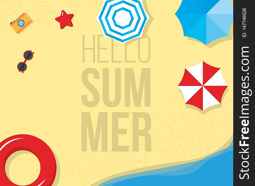 Hello Summer banner with with palms, beach umbrellas, sunglasses design for banner, flyer, invitation, poster, web site or