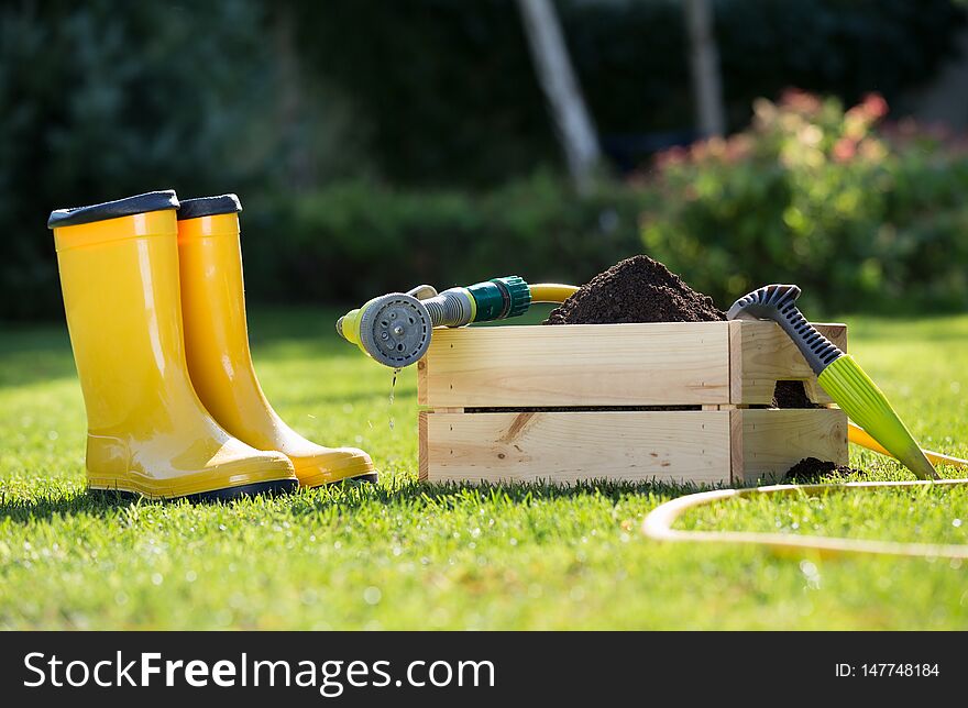 Gardening equipment on grass