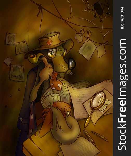 Illustration with gray wolf-detective.