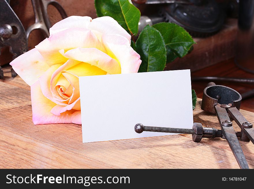Business card for placing of the text against a rose in a metalwork workshop.