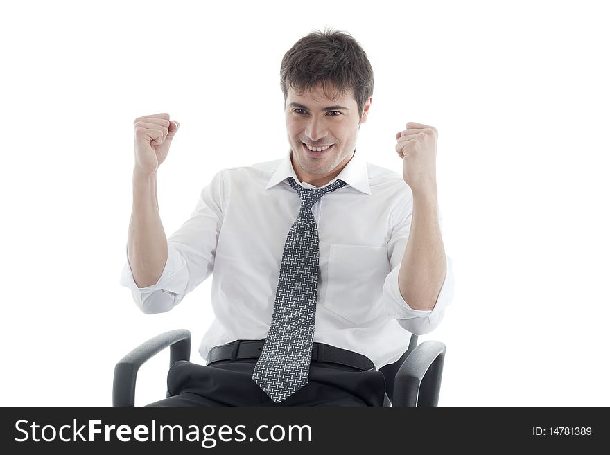 Successful businessman with fists raised