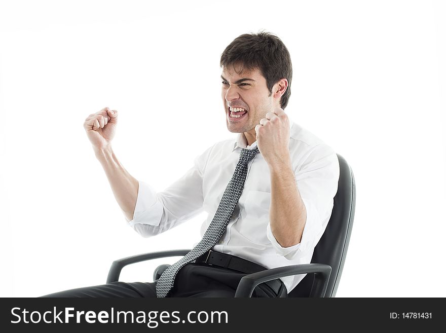 Successful businessman with fists raised