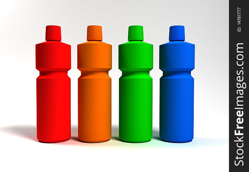 Coloured bottles of washing-up liquids on a white background. Coloured bottles of washing-up liquids on a white background