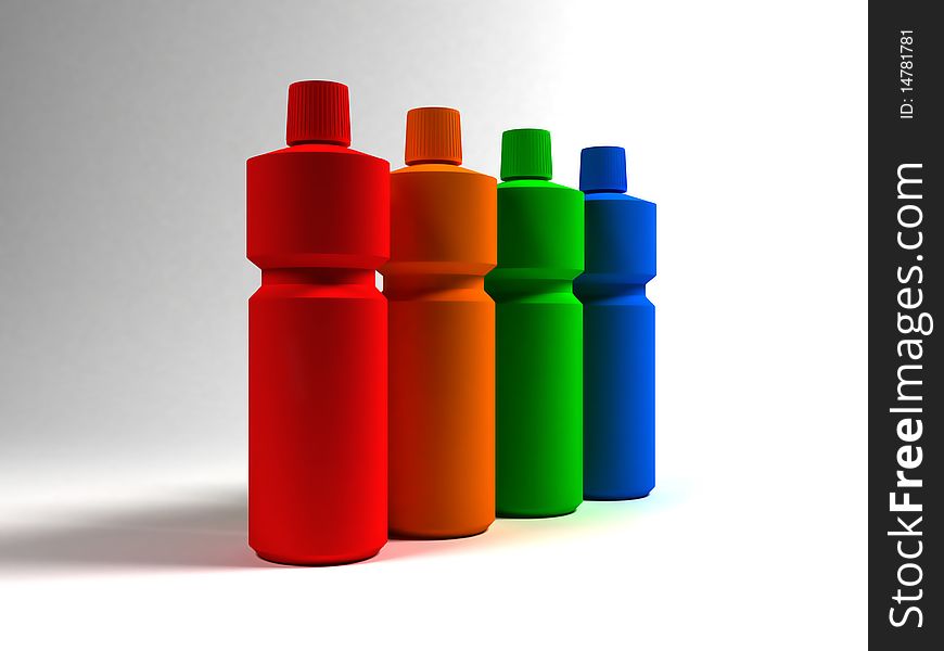 Coloured bottles of washing-up liquids on a white background. Coloured bottles of washing-up liquids on a white background