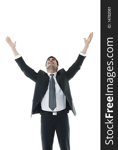Successful Businessman, arms raised, white background