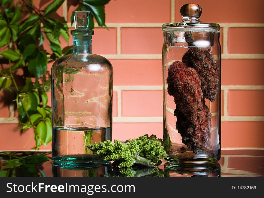 Old bottle with liquid and glass container on brick wall with plant background. Old bottle with liquid and glass container on brick wall with plant background