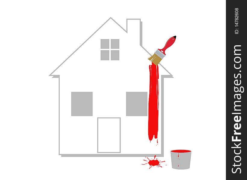 The house with a red paint on a white background. The house with a red paint on a white background