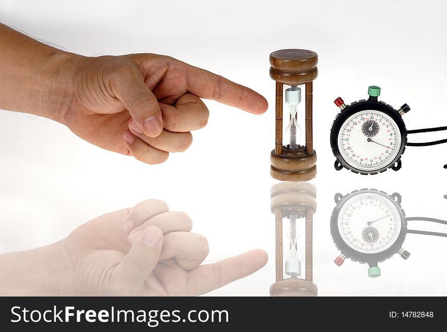 Finger point to Sand glass and clock