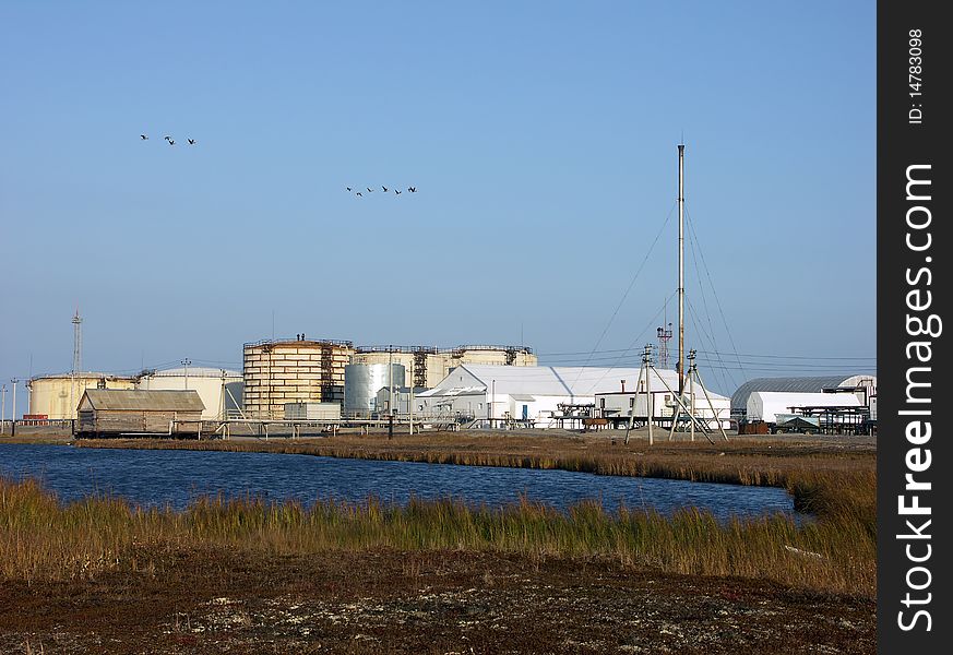 Oil terminal and grass in the evening light.