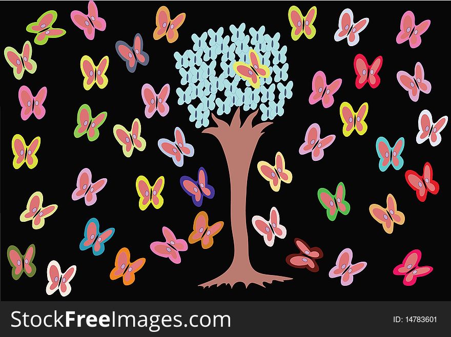The Vector, illustration. The Tree on black background butterfly. The Vector, illustration. The Tree on black background butterfly.