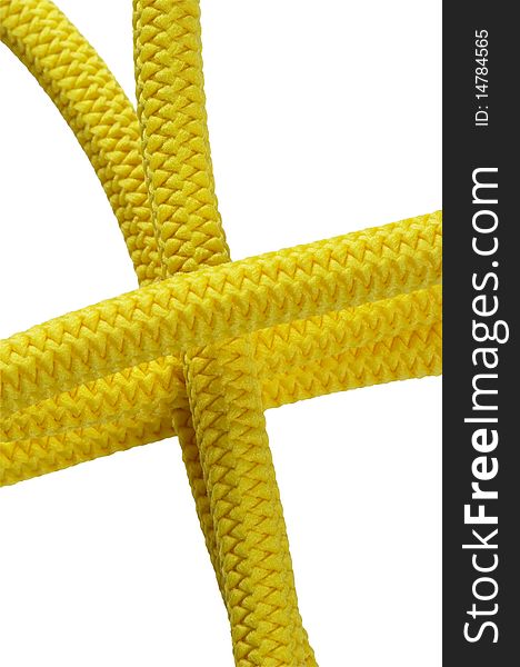 Five yellow ropes fragment isolated over white background
