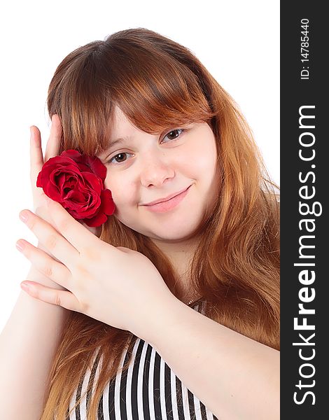 Smiling young woman with a flower in the hands. Smiling young woman with a flower in the hands