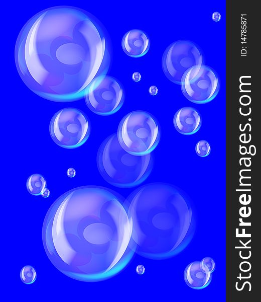 Big and small glass, soap or air bubbles  on the blue background. Big and small glass, soap or air bubbles  on the blue background.