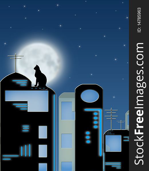 Cat sitting on roof of the building on background of the full moon. Cat sitting on roof of the building on background of the full moon