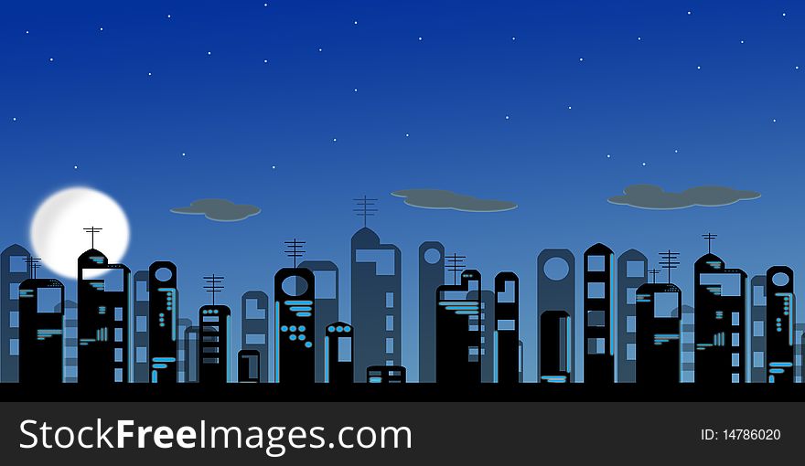 Night modern city on background of the full moon