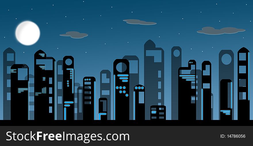 Night modern city on background of the full moon