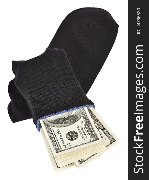 US dollars bundle hidden in black sock. US dollars bundle hidden in black sock