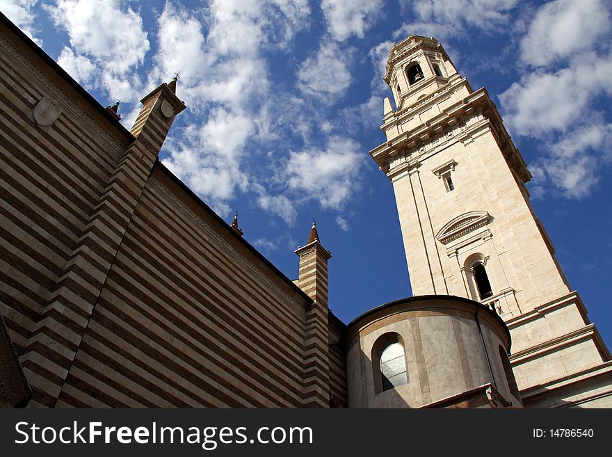 The Duomo church bell tower in Verona, Italy