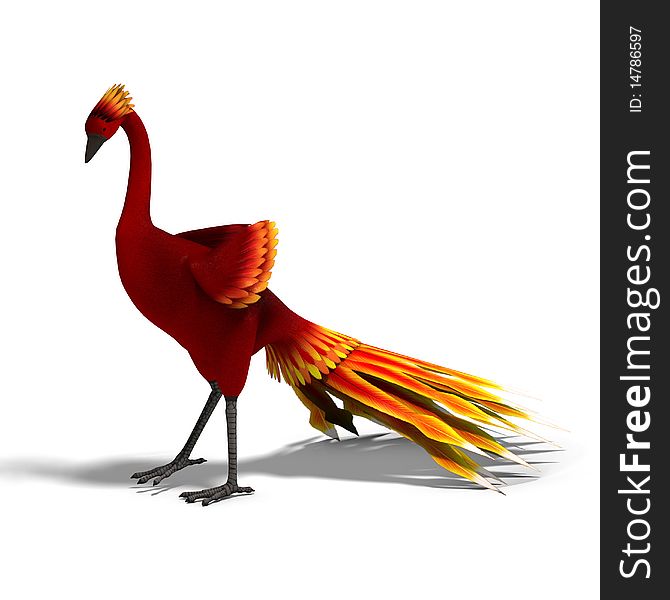 Red fantasy bird with beautiful feathers. 3D rendering with clipping path and shadow over white