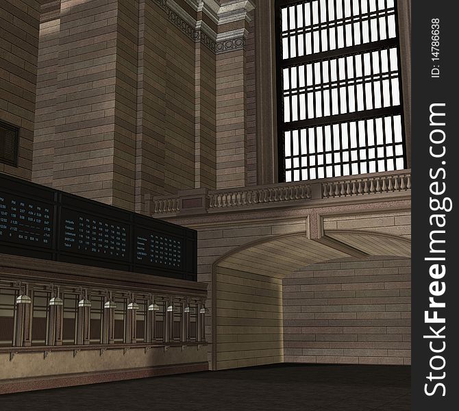 An Empty Central Station. 3D rendering with clipping path and shadow over white