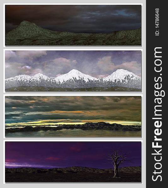 Four different fantasy landscapes for banner, background or illustration. 3D rendering
