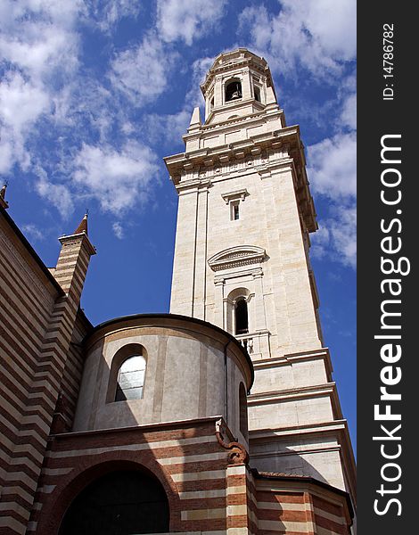 The Duomo church bell tower in Verona, Italy