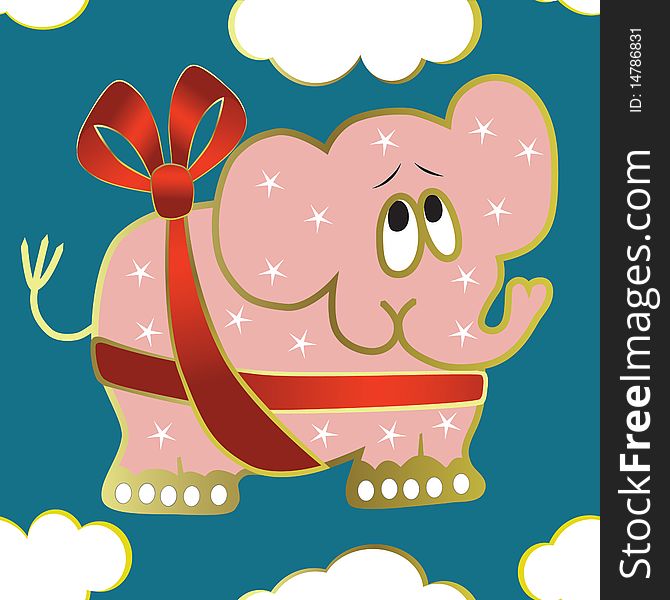 Seamless background with elephant, red ribbon, illustration