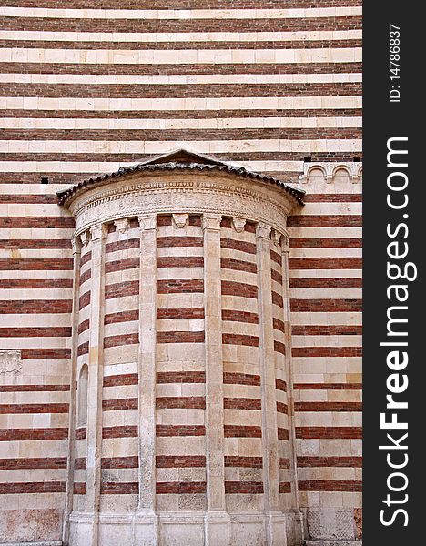 Architectural detail of a wall of The Duomo church bell tower in Verona, Italy. Architectural detail of a wall of The Duomo church bell tower in Verona, Italy