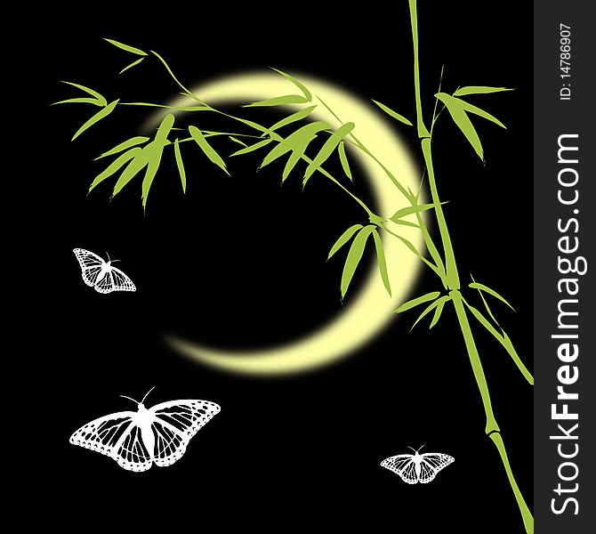 Abstract background with bamboo branches , moon and butterflies