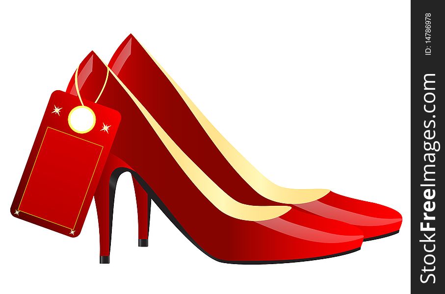 Realistic illustration of pair of modern red female shoes isolated over white