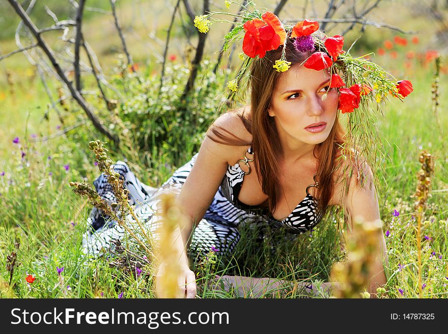 Woman And Circlet Of Flowers