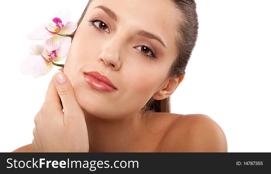 Portrait of young beautiful woman with white orchid. Portrait of young beautiful woman with white orchid