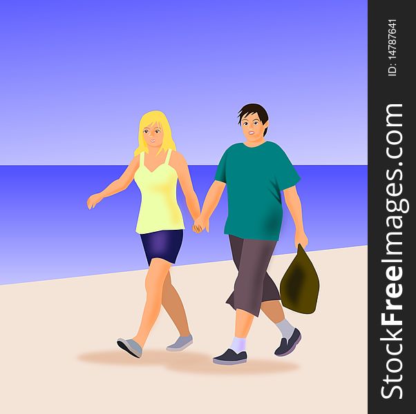 A young couple walking hand in hand by the seashore. A young couple walking hand in hand by the seashore.