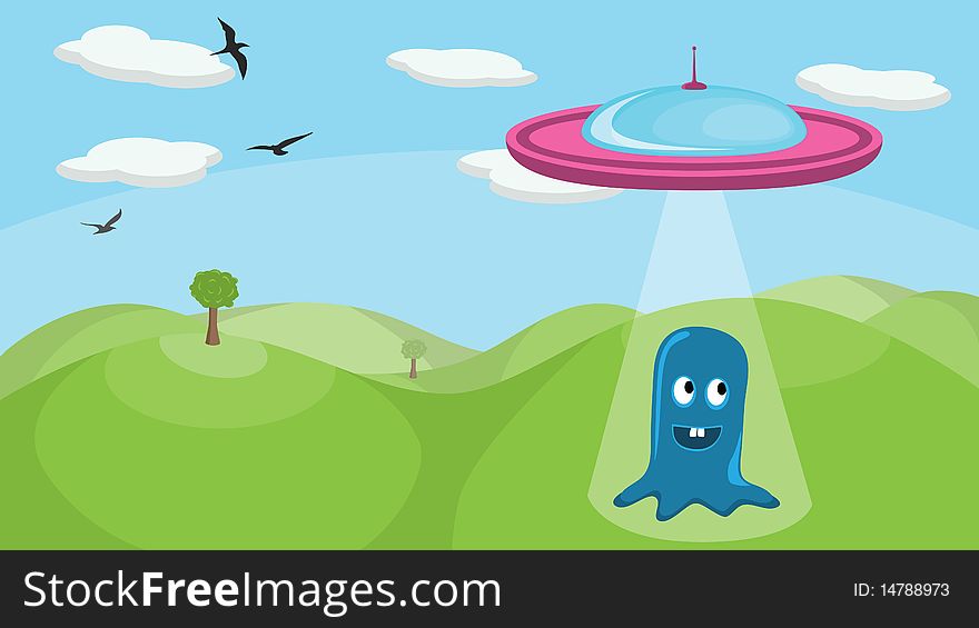 A cute little alien being abducted by a spaceship. No transparencies or gradients used in the image. A cute little alien being abducted by a spaceship. No transparencies or gradients used in the image.
