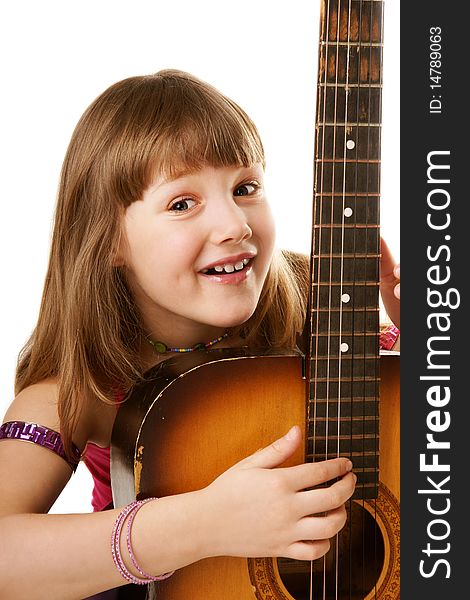 Portrait of pretty smiling stylish girl with guitar on white background. Portrait of pretty smiling stylish girl with guitar on white background