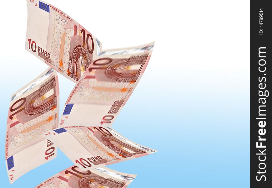 Illustration showing falling Euro banknotes over graduated blue background. Illustration showing falling Euro banknotes over graduated blue background