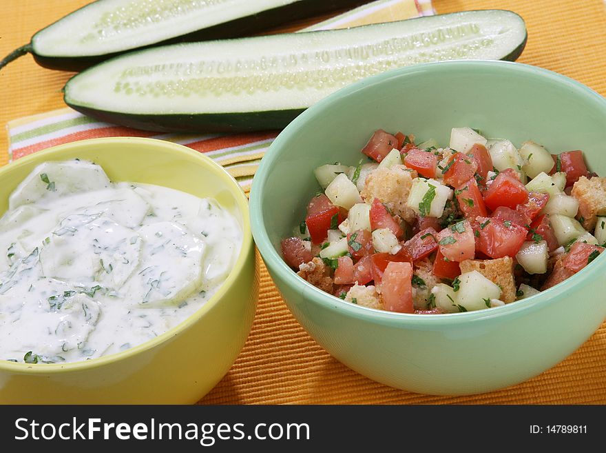 Delicious two cucumber salads with other vegetable